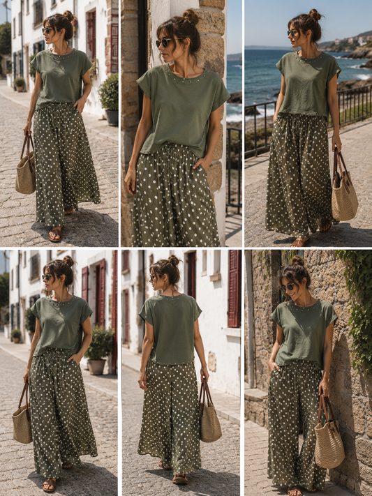 Pantalon Célianne – Pois Crème & Kaki-voile de coton