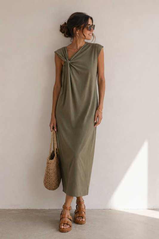 Robe Katarina – Longue Coton Kaki Nœud Asymétrique