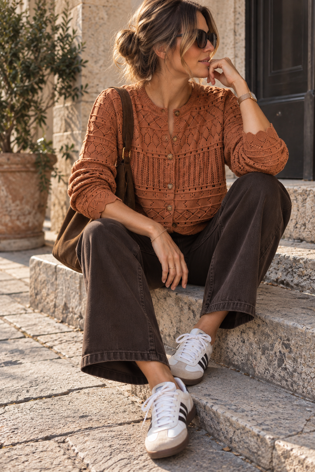 Antonella – Gilet Crochet Camel
