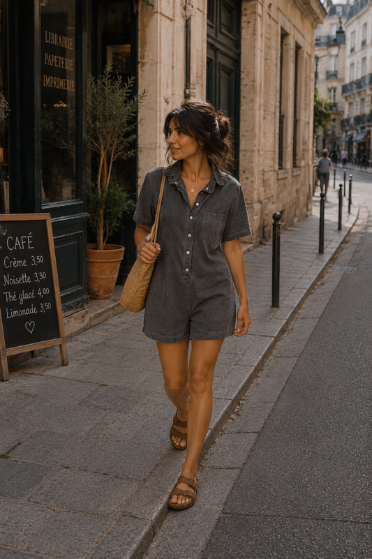 Combinaison Short Lou – 100% coton Gris Anthracite Délavé