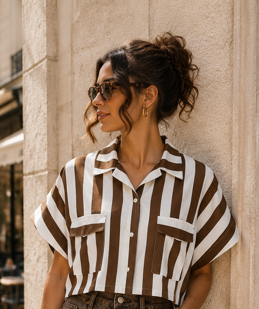 Chemise Camélia – Rayures marron & blanc 100% coton