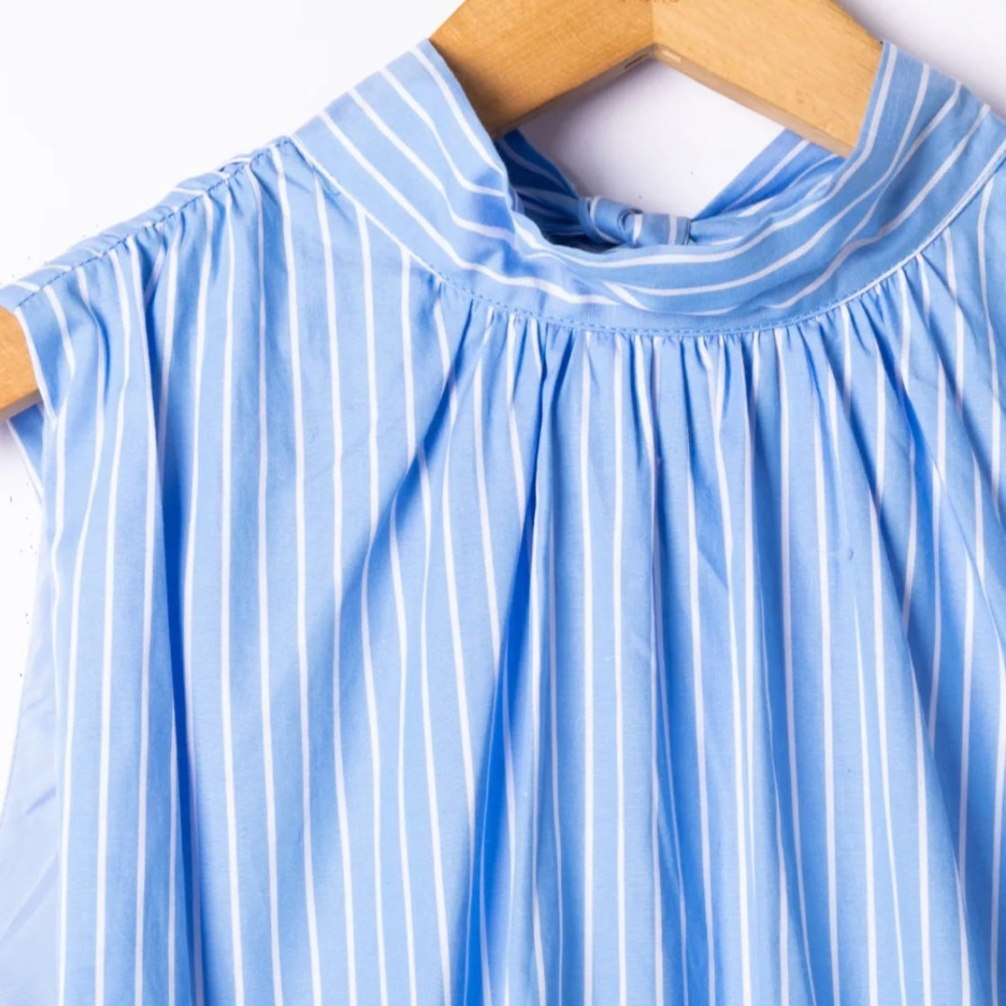 Céleste – Top Rayé Bleu Nœud dans le Dos