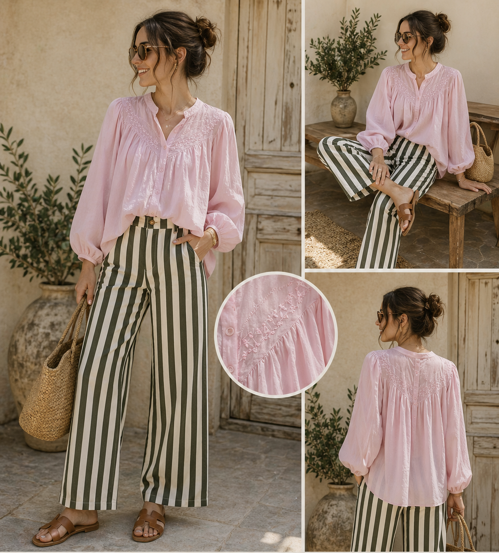 Le pantalon à rayures Kaki et crème "Louison"