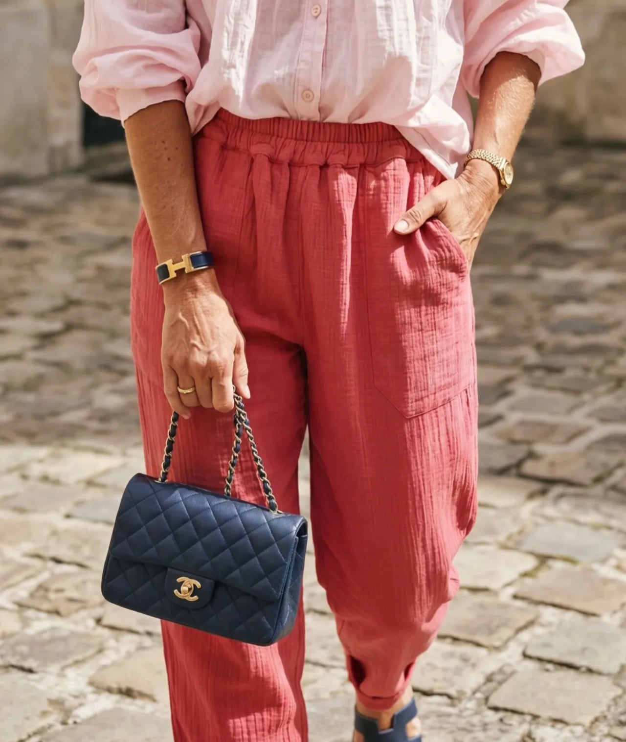 Pantalon 100% coton délavé "Mauricette" Rouge