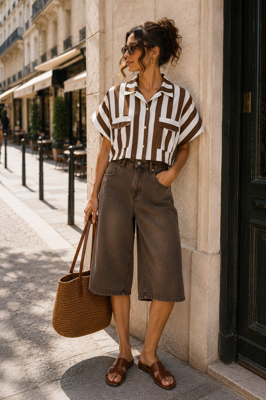 Chemise Camélia – Rayures marron & blanc 100% coton