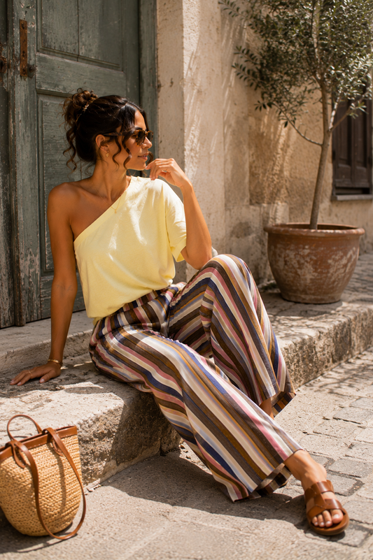 Pantalon Toscane – Rayures Multicolores Lin/Tencel