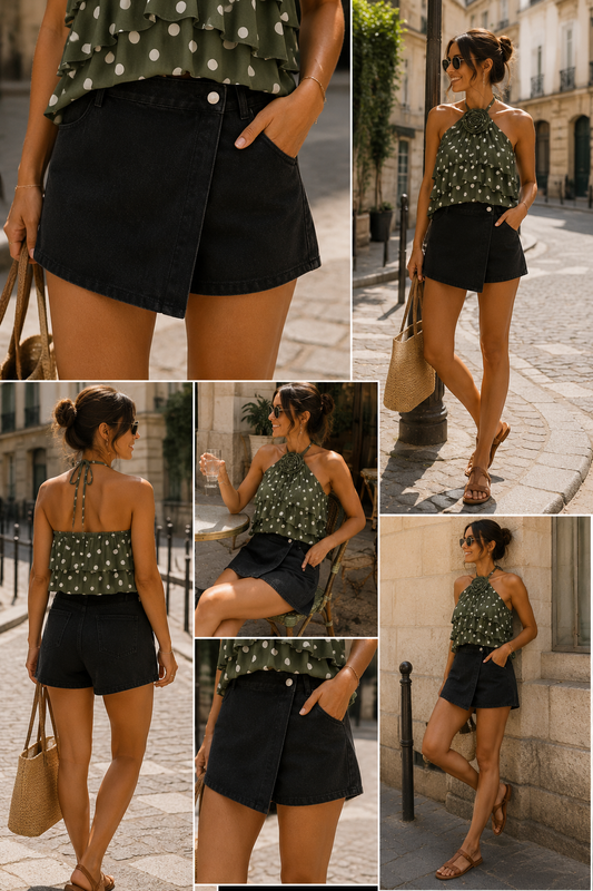 Short Jupe Cléo – Denim Noir Portefeuille