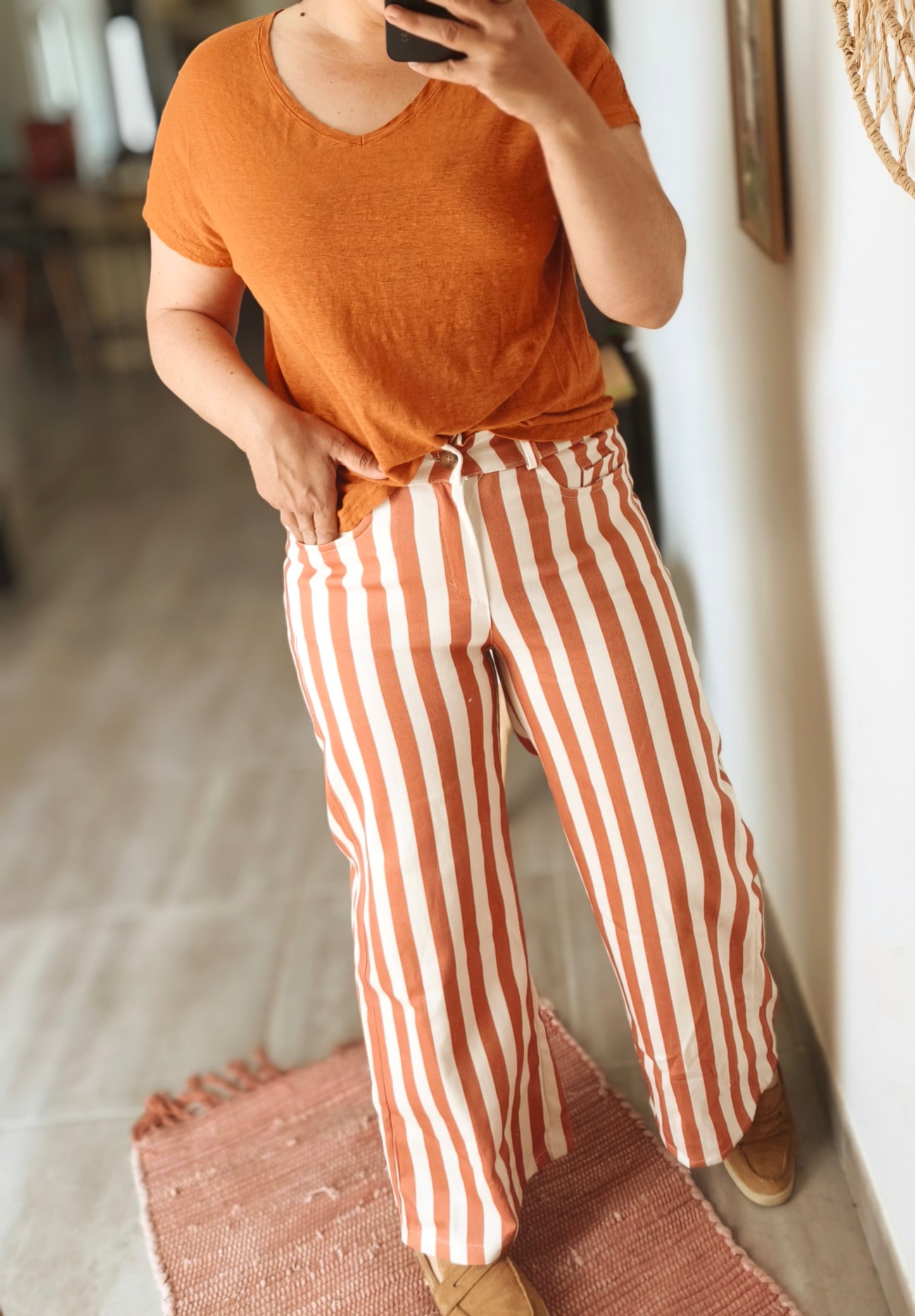 The terracotta and cream striped trousers "Louison"