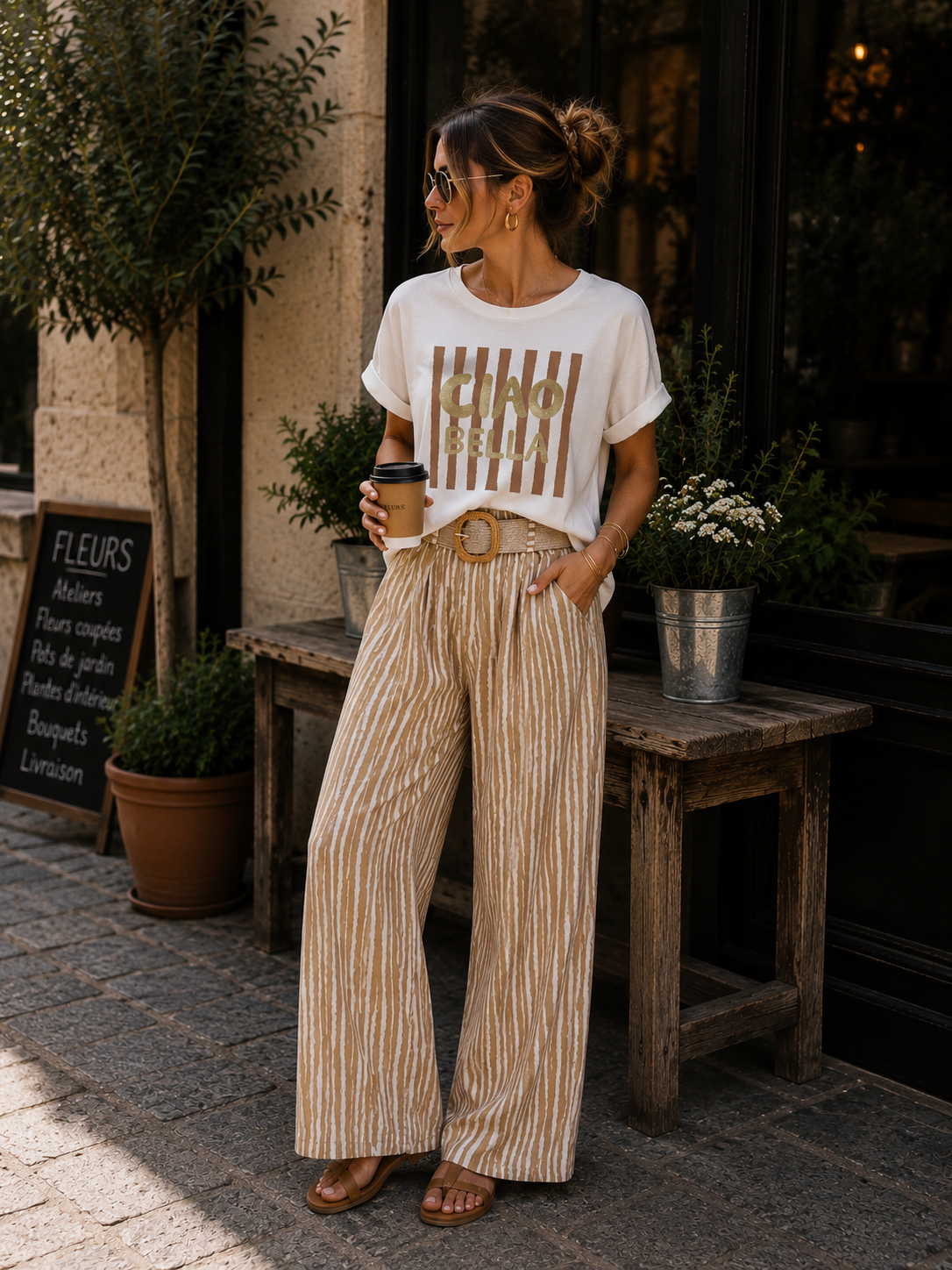 Le Pantalon Fluide Rayé camel  – Capri