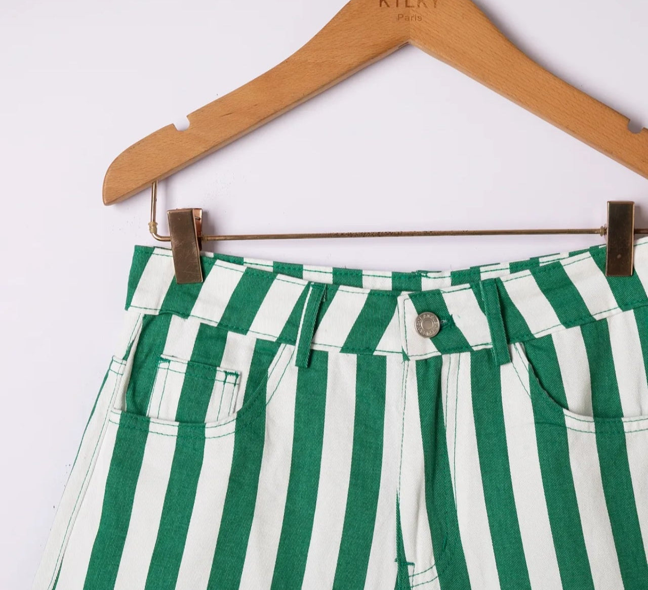 Le short Romane- denim fin rayures vert/blanc