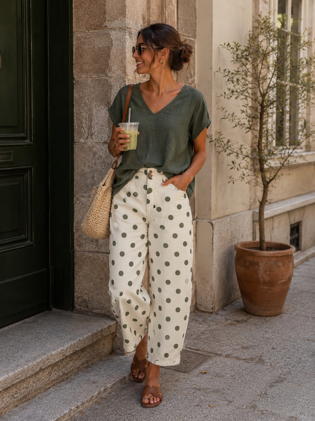 Le pantalon Barrel "Pois" kaki
