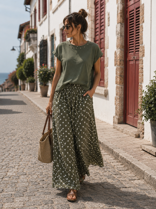 Pantalon Célianne – Pois Crème & Kaki-voile de coton