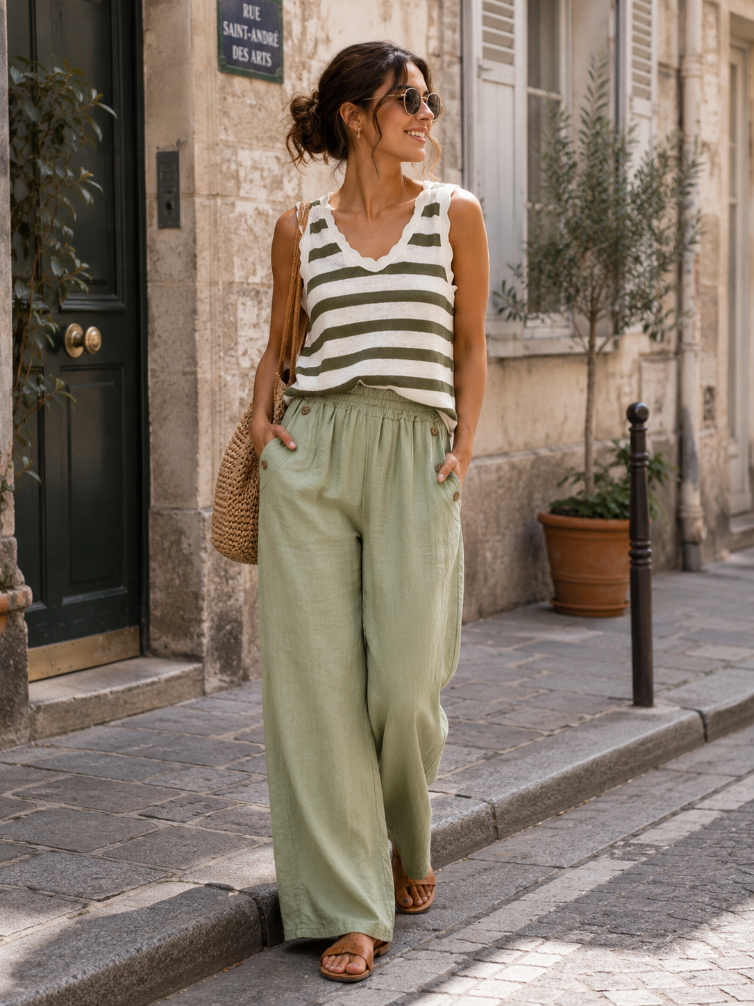 Pantalon Hortense – Coton Lin Wide Leg Kaki