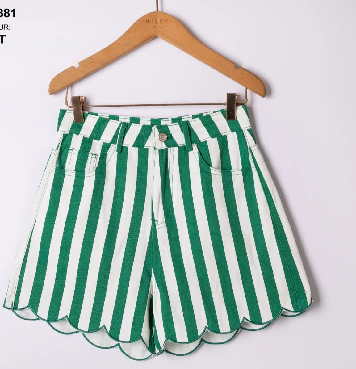 Le short Romane- denim fin rayures vert/blanc