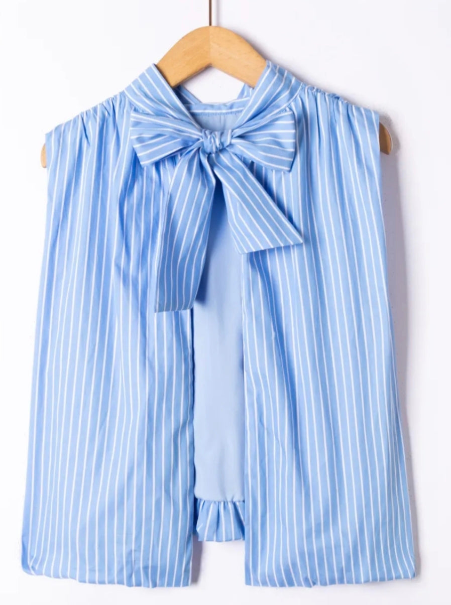 Céleste – Top Rayé Bleu Nœud dans le Dos