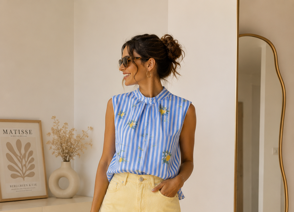 Céleste – Top Rayé Bleu et fleurs brodées Nœud dans le Dos
