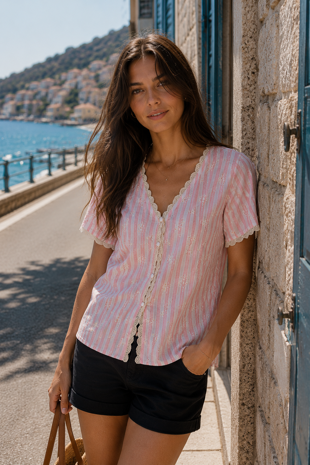 Blouse Violette – Rayures Rose & Broderie Anglaise