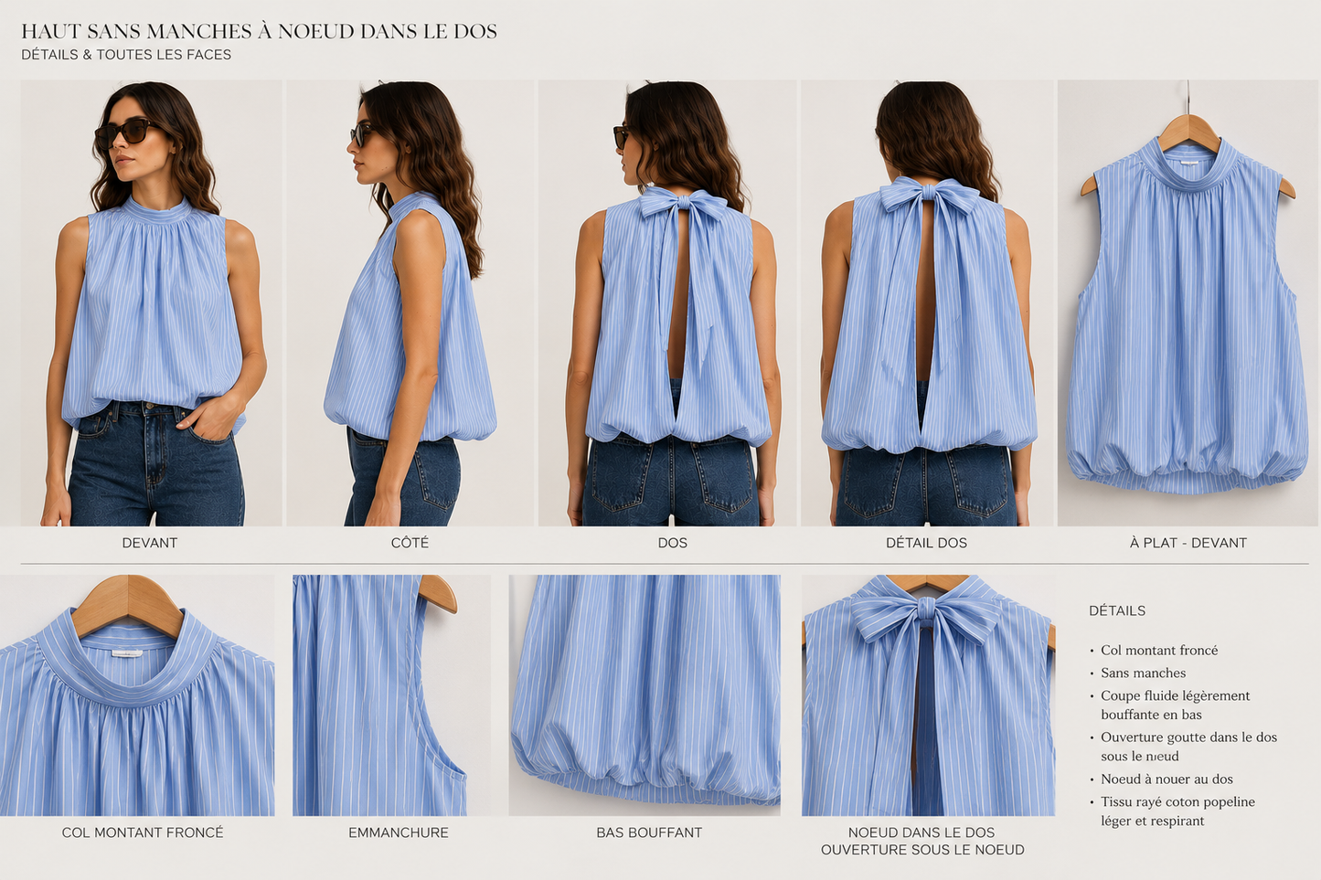 Céleste – Top Rayé Bleu Nœud dans le Dos