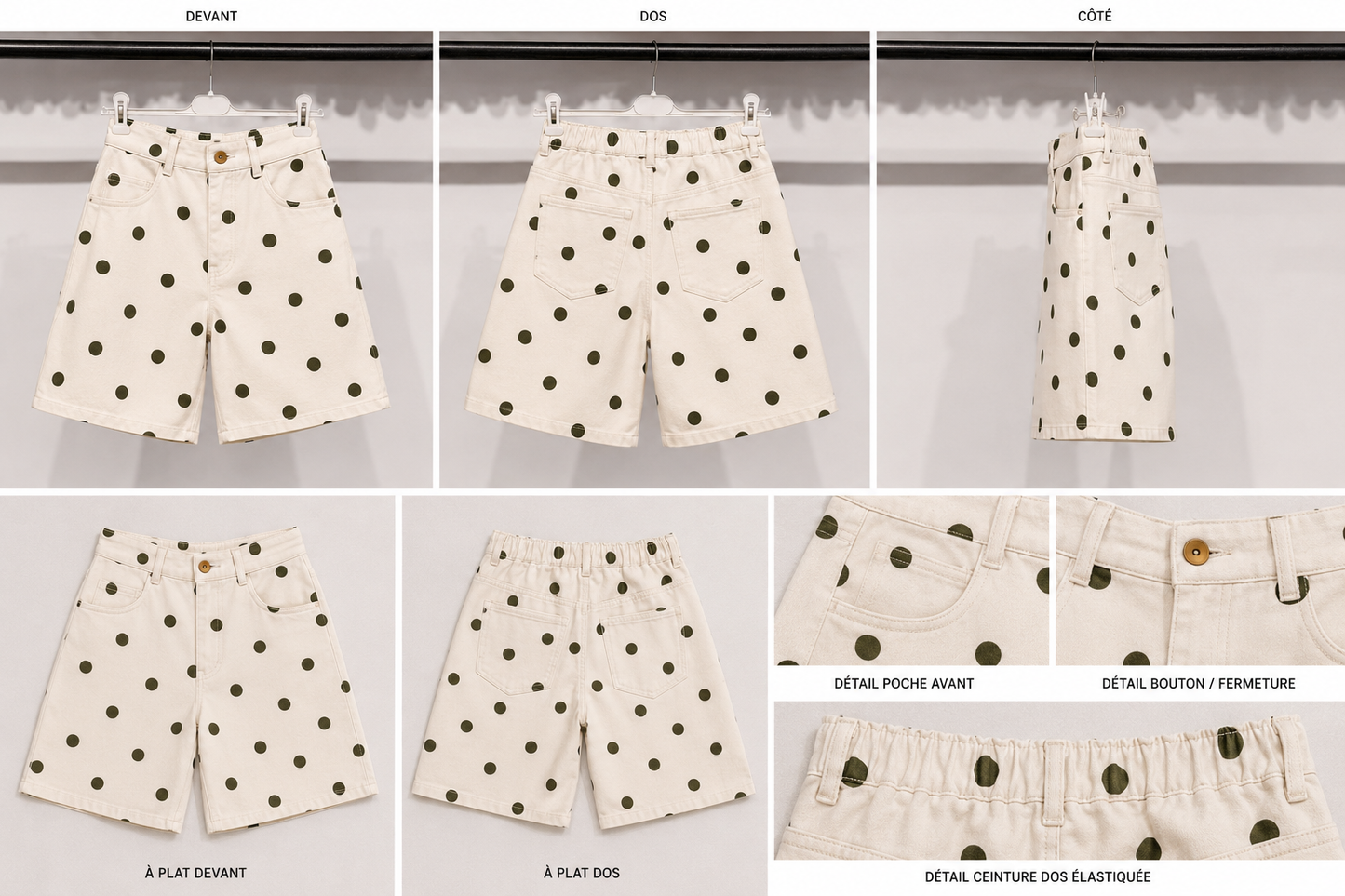 Short Poppy – Pois Kaki Écru Taille Élastique