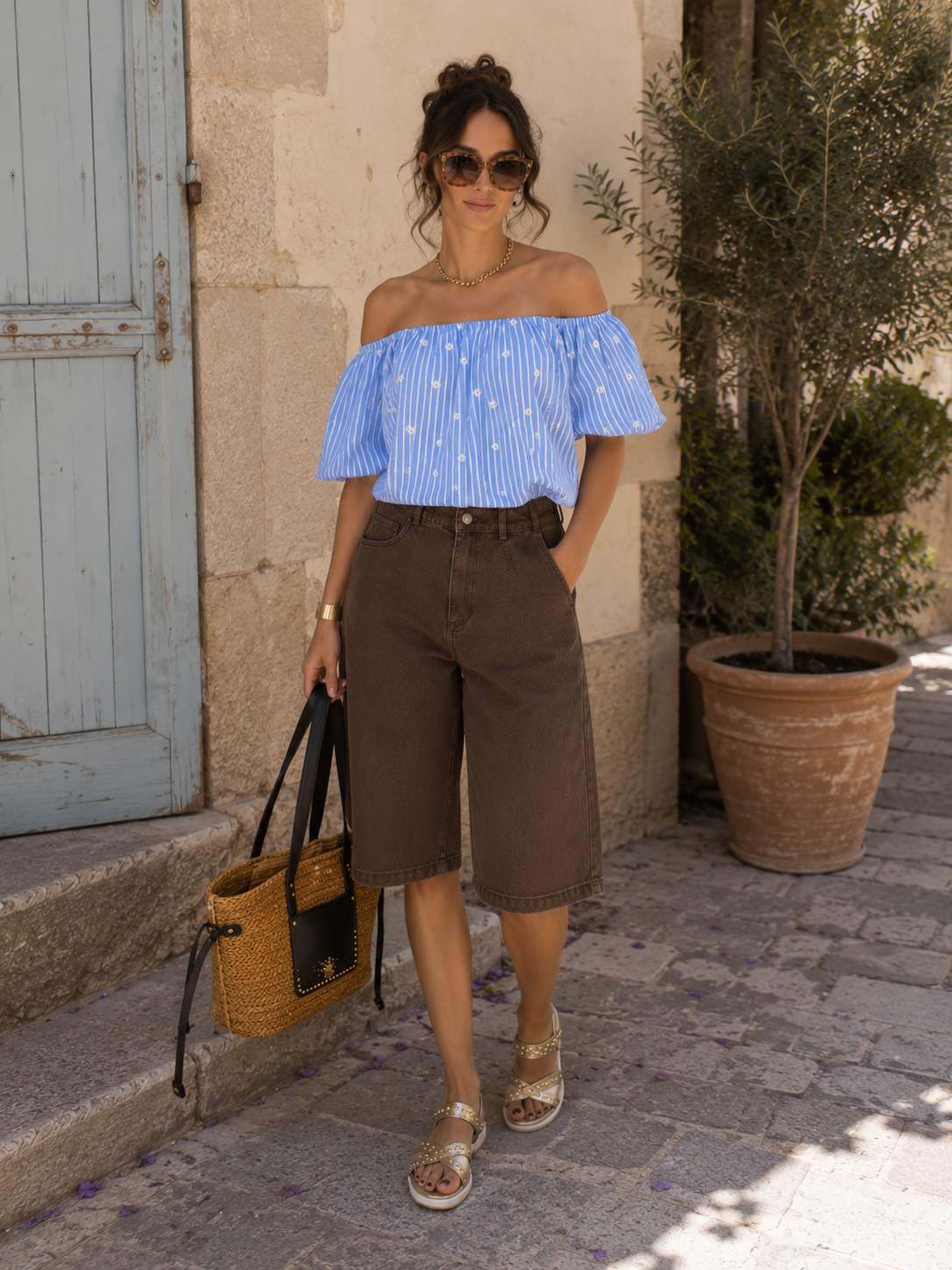 Top Azzurra – Rayures Bleu Ciel & Marguerites
