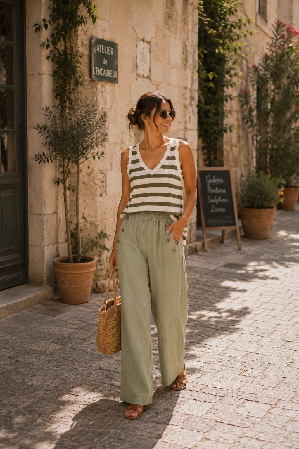 Pantalon Hortense – Coton Lin Wide Leg Kaki