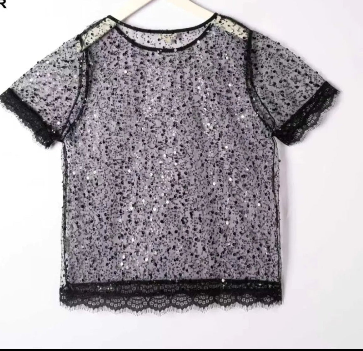 Top Carmen – Tulle Noir à Sequins & Dentelle