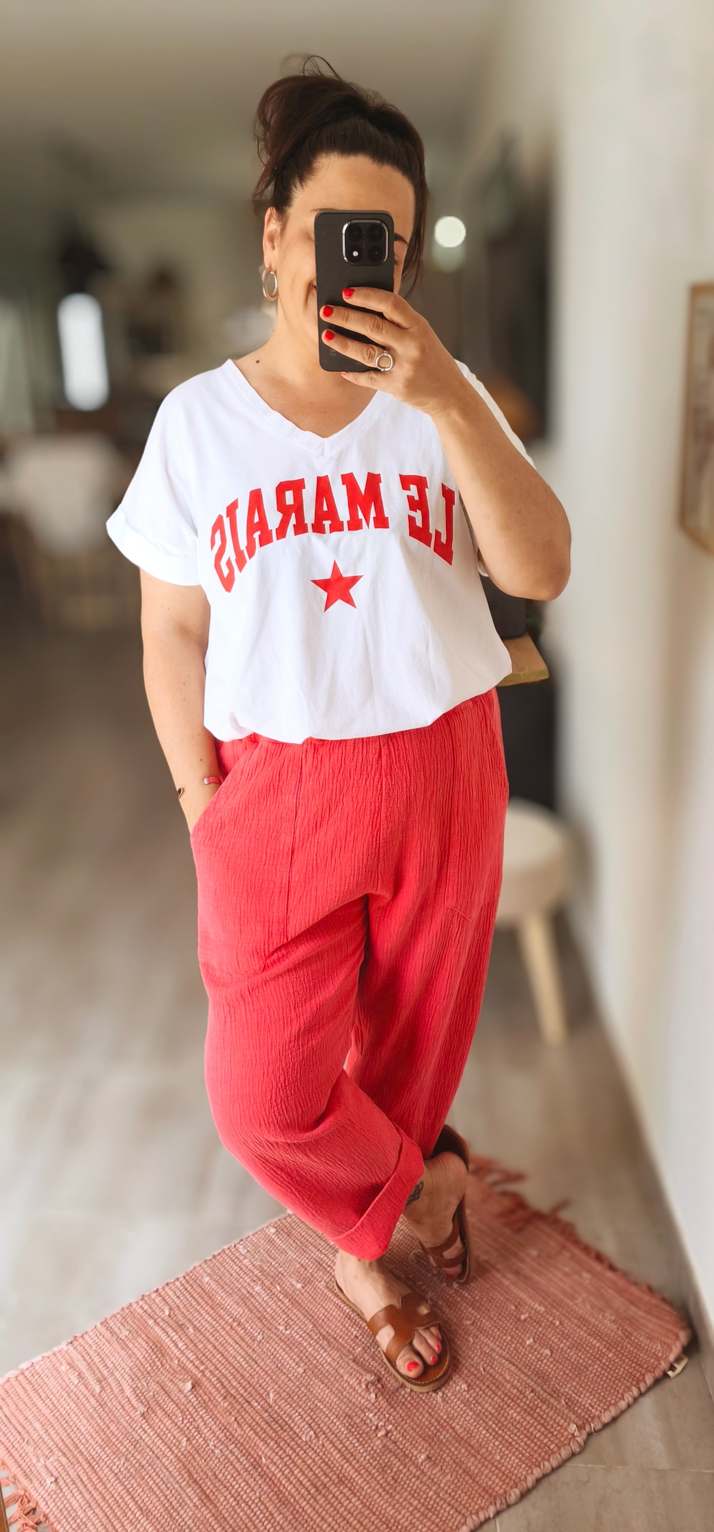 Pantalon 100% coton délavé "Mauricette" Rouge