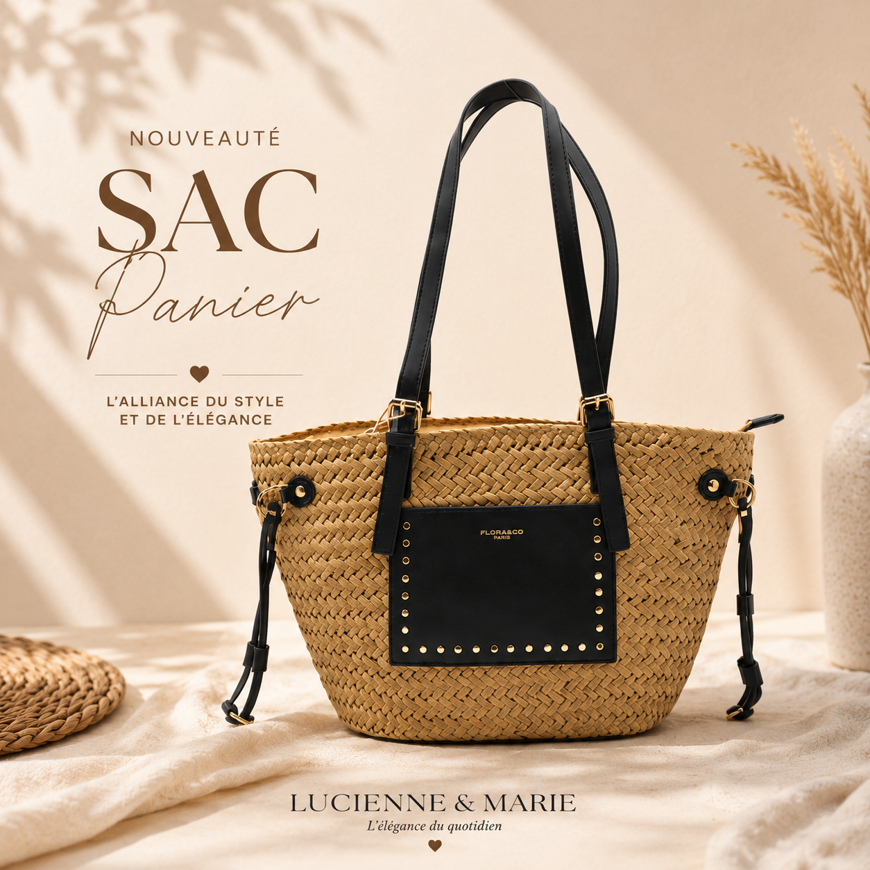 Panier- Sac paille et Similicuir noir