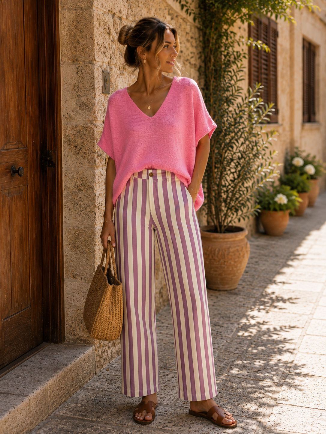 Le pantalon à rayures blanc et vieux rose  "Louison"