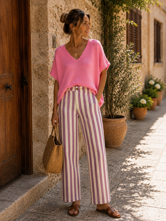 Le pantalon à rayures blanc et vieux rose  "Louison"