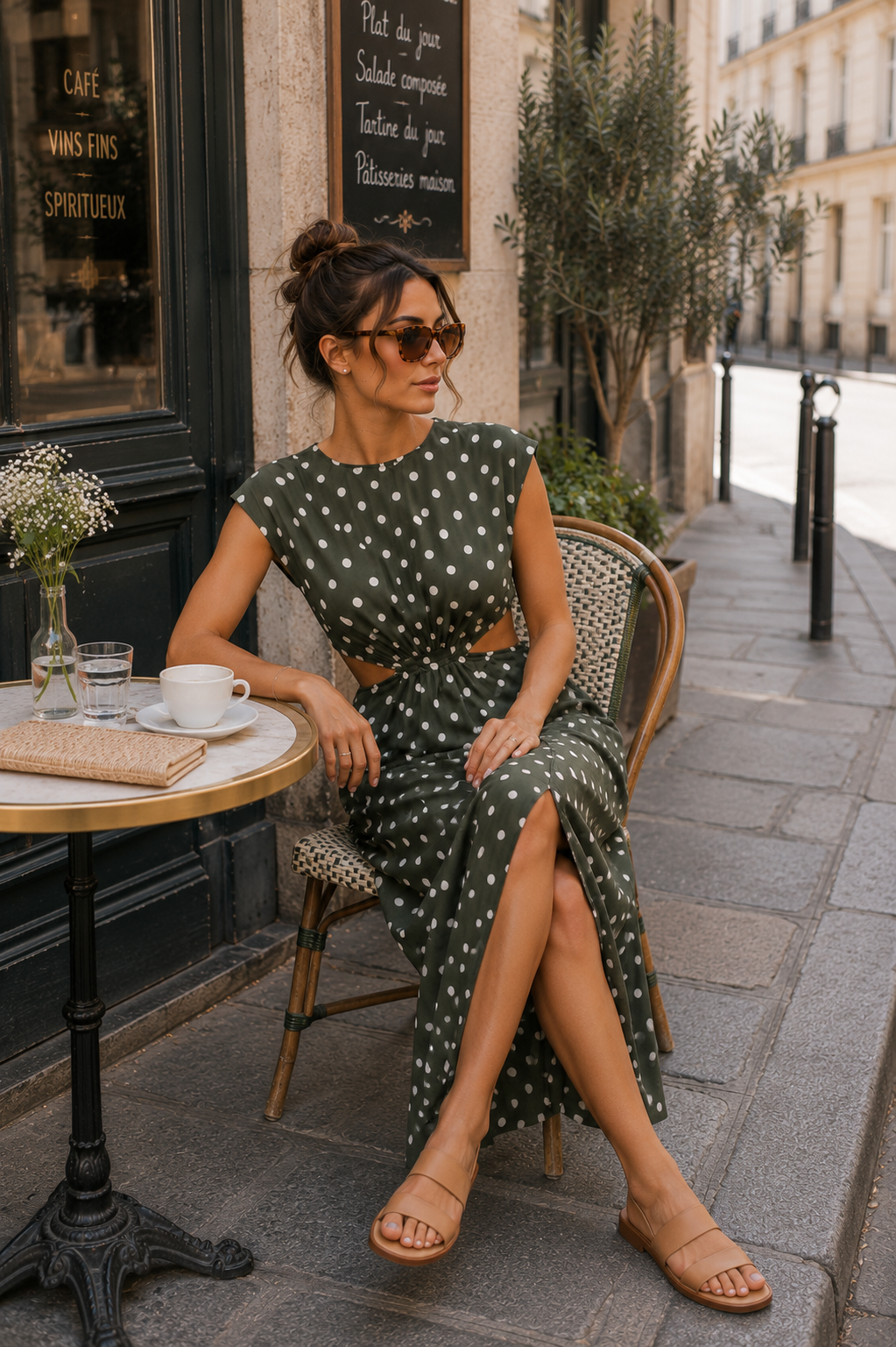 Robe Suzanne – Longue Kaki à Pois