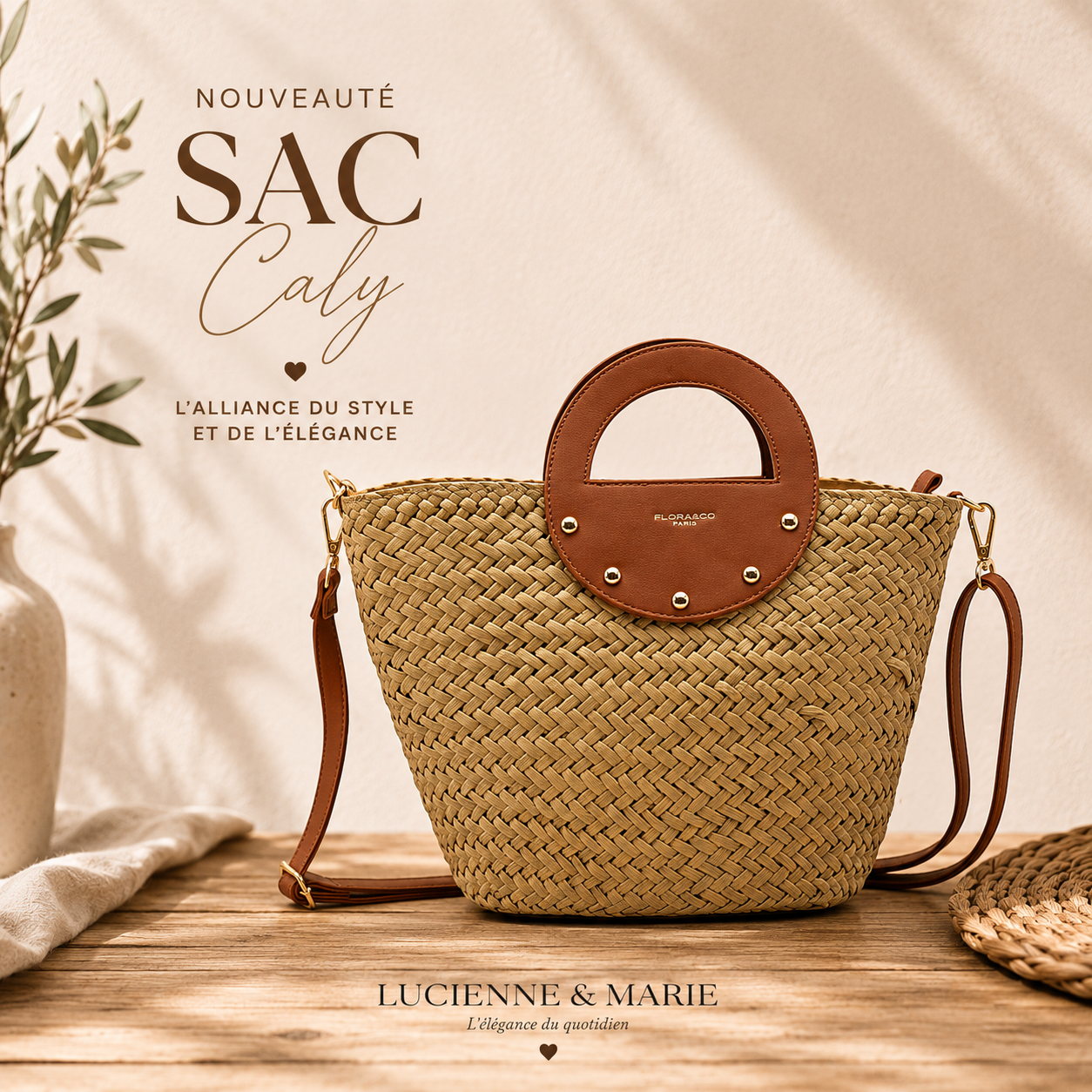 Sac Caly – Paille & Similicuir Camel