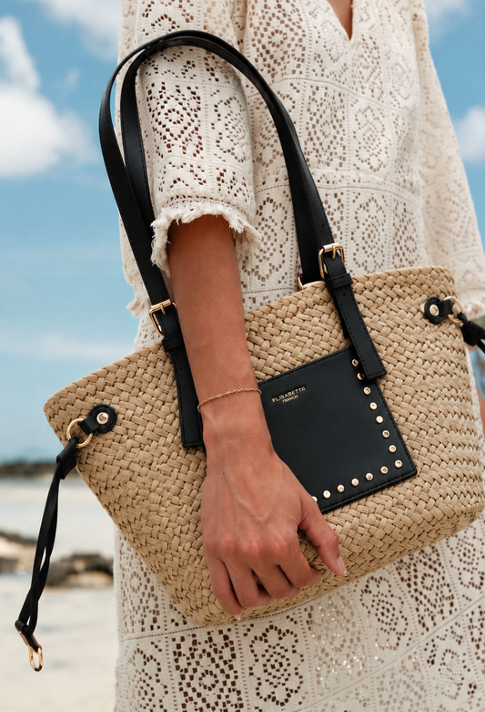 Panier- Sac paille et Similicuir noir