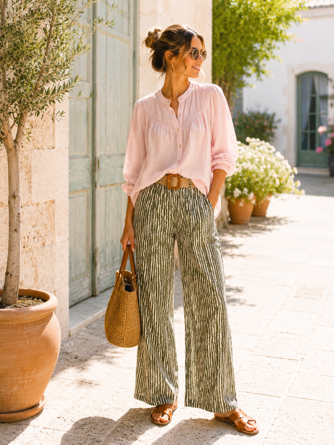 Le Pantalon Fluide Rayé kaki – Capri