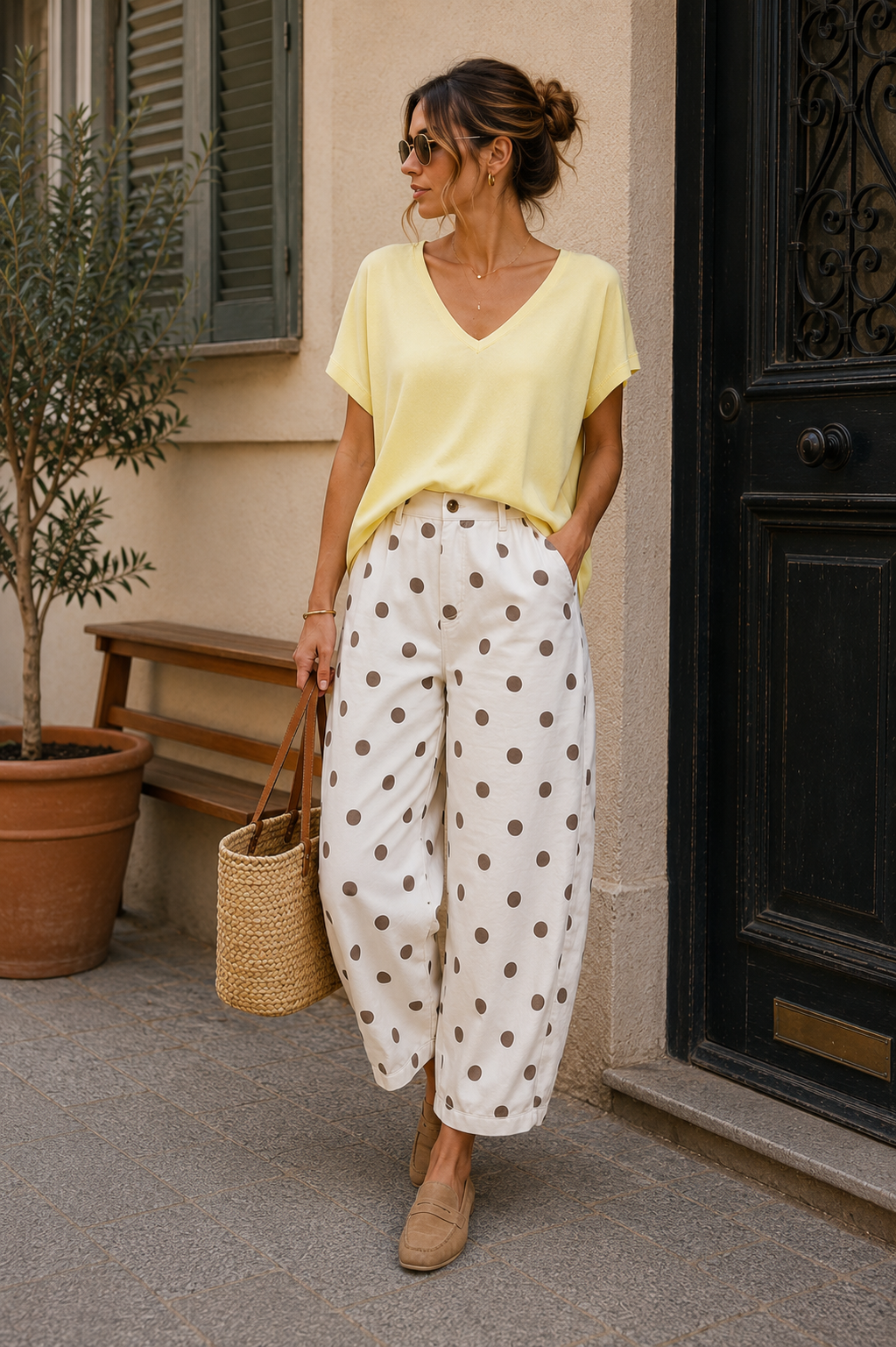 Le pantalon Barrel "Pois" taupe