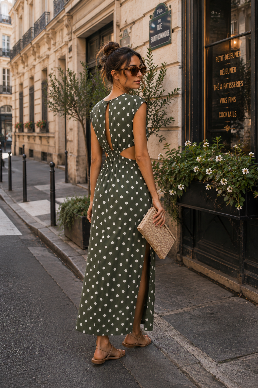 Robe Suzanne – Longue Kaki à Pois