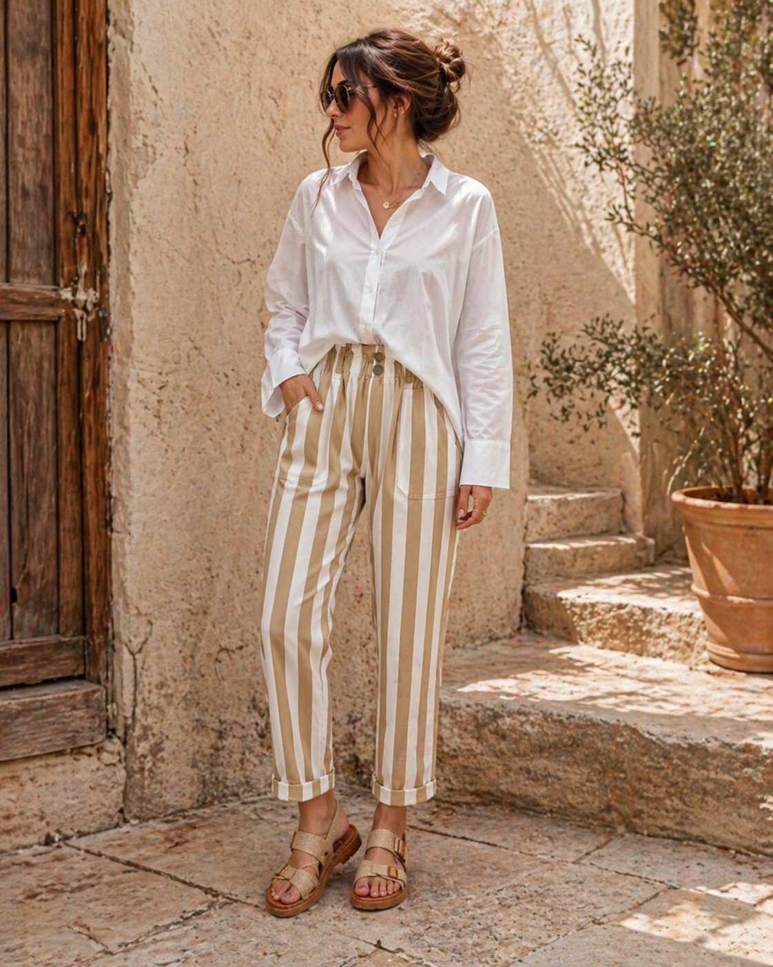 Le pantalon "Léa" stripe camel/crème