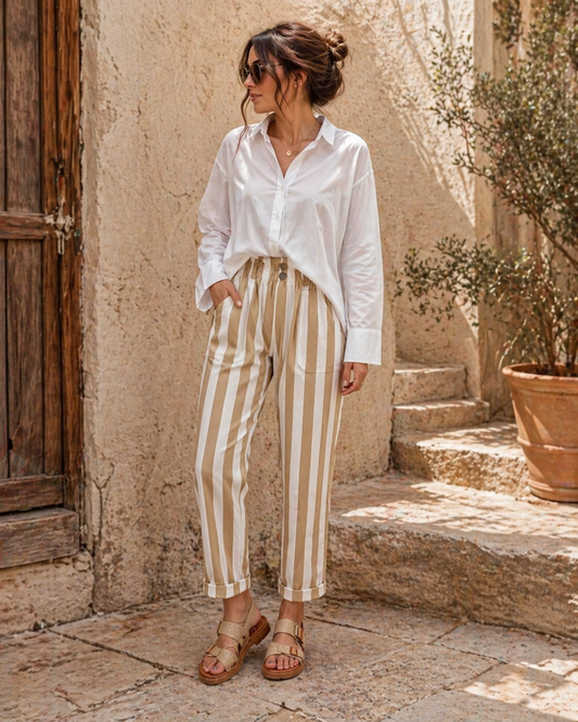 Le pantalon "Léa" stripe camel/crème