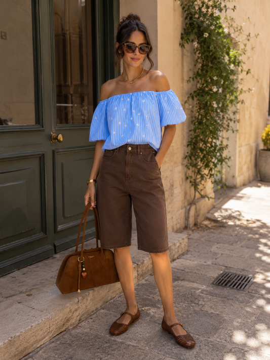 Bermuda Auburn – Denim Marron Taille Haute