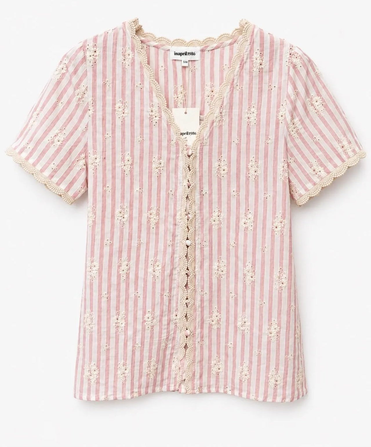 Blouse Violette – Rayures Rose & Broderie Anglaise
