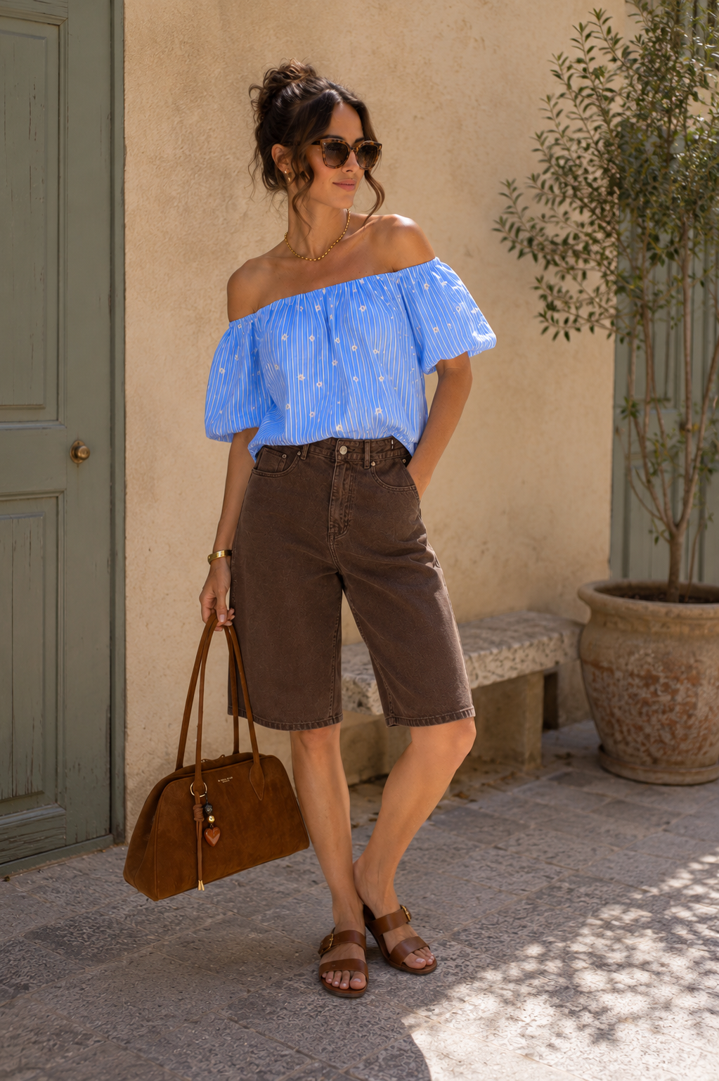 Bermuda Auburn – Denim Marron Taille Haute